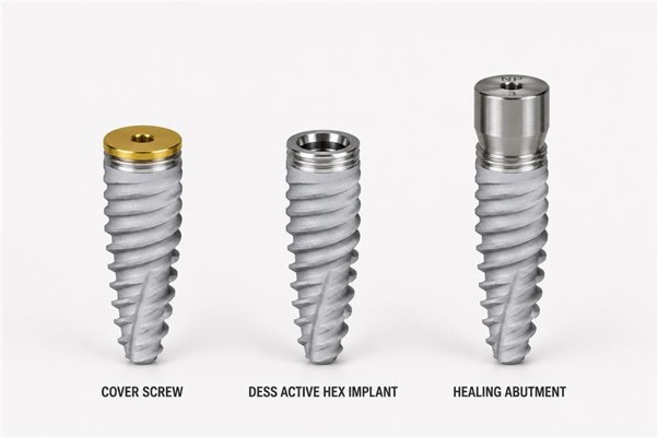 Cover screw, DESS® Active Hex implant and healing abutment comparison