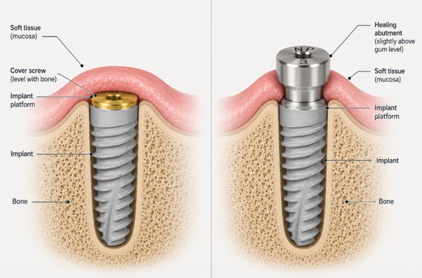 Submerged cover screw and transmucosal healing abutment comparison