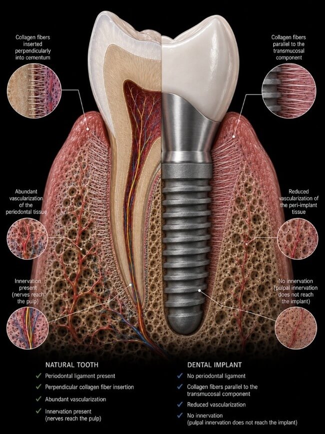 Comparison of soft tissue and vascularization around a natural tooth and a dental implant